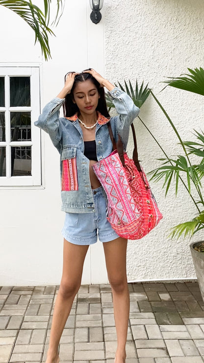 Denim Jacket with Vintage Hmong Embroidery from Thailand