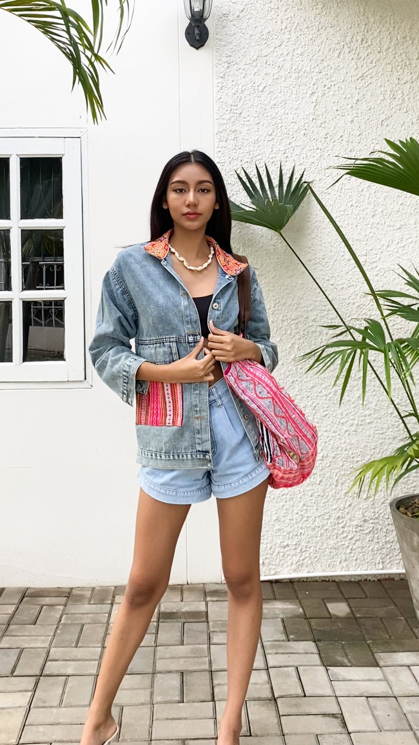 Denim Jacket with Vintage Hmong Embroidery from Thailand