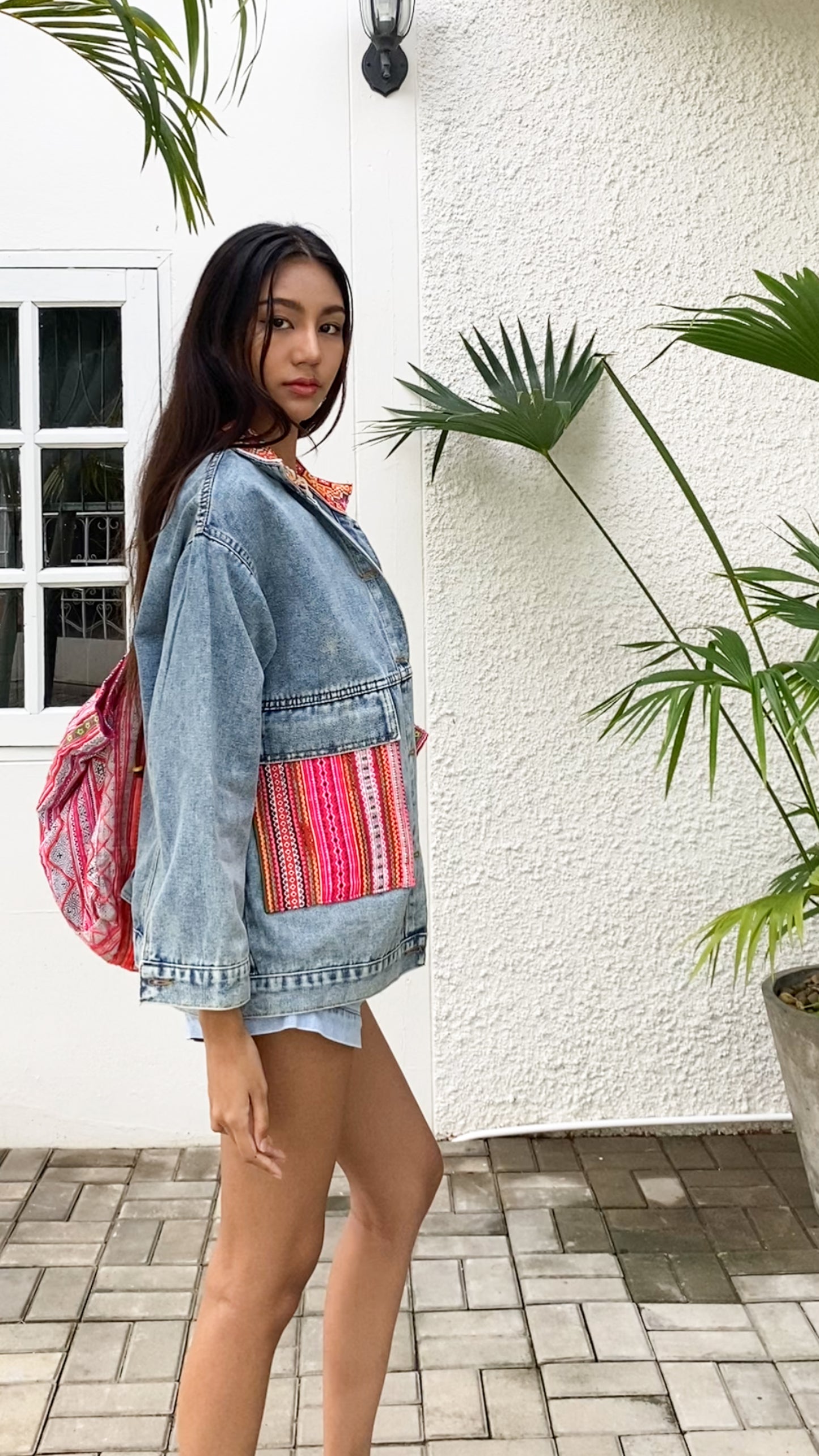 Denim Jacket with Vintage Hmong Embroidery from Thailand