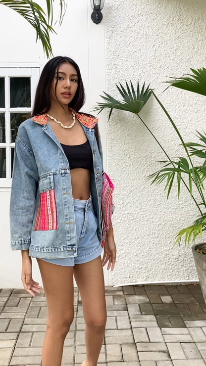 Denim Jacket with Vintage Hmong Embroidery from Thailand