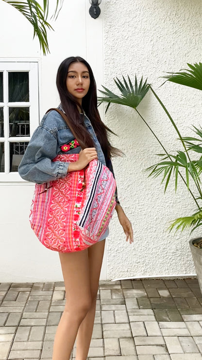 Denim Jacket with Red Flower Pattern Hmong Embroidery from Thailand