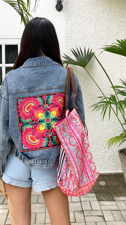 Denim Jacket with Red Flower Pattern Hmong Embroidery from Thailand