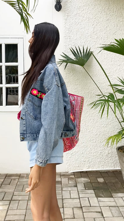 Denim Jacket with Red Flower Pattern Hmong Embroidery from Thailand