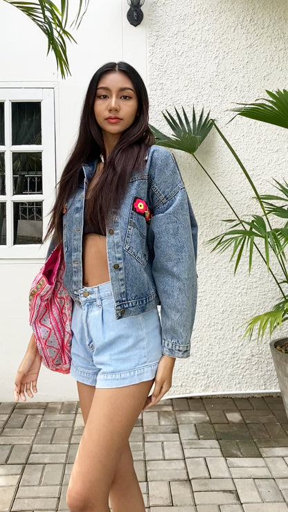 Denim Jacket with Red Flower Pattern Hmong Embroidery from Thailand