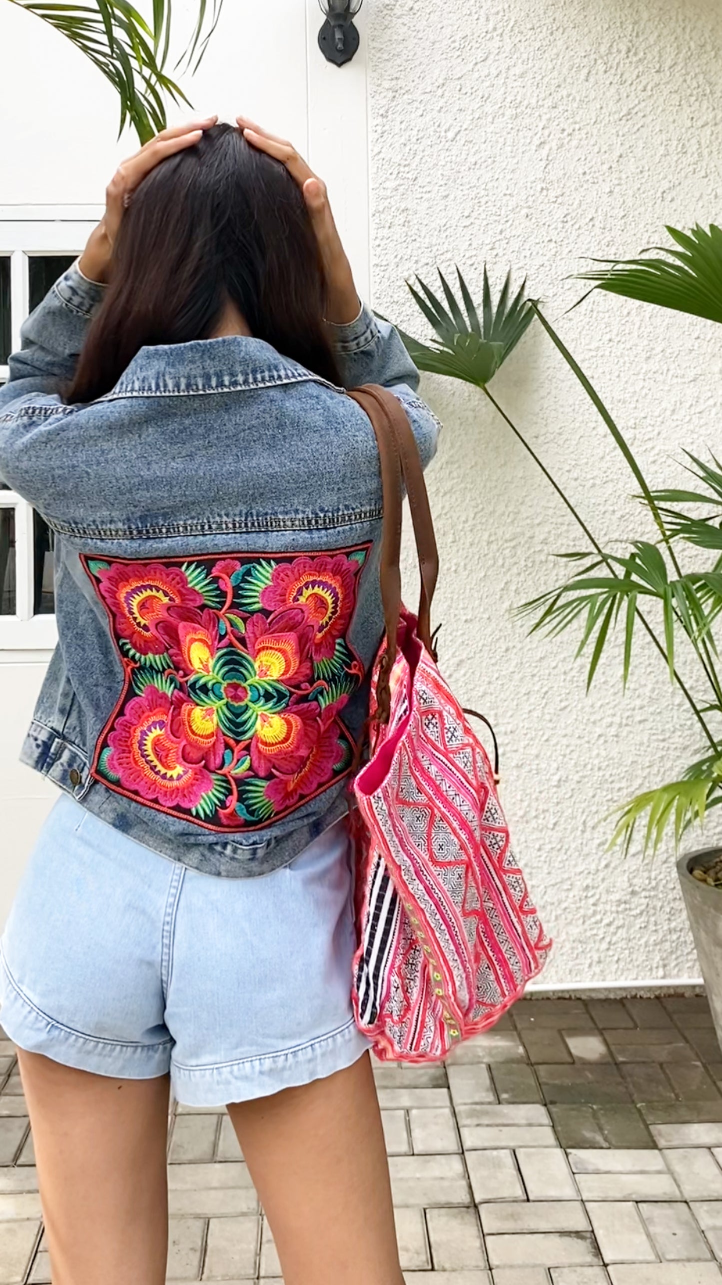 Denim Jacket with Red Flower Pattern Hmong Embroidery from Thailand