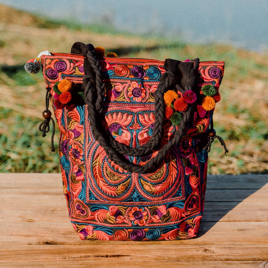 Drawstring Tote Bag with Hmong Tribe Embroidery