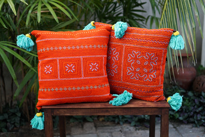 Handmade Cushion Cover with Tassels and Hmong Embroidery