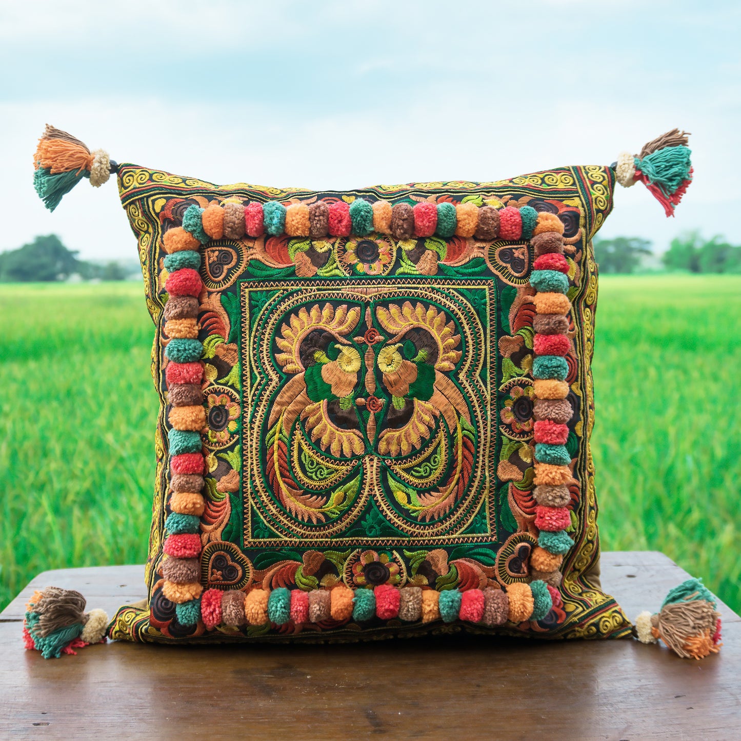 16x16 Pom Pom Pillow Case with Hmong Embroidery