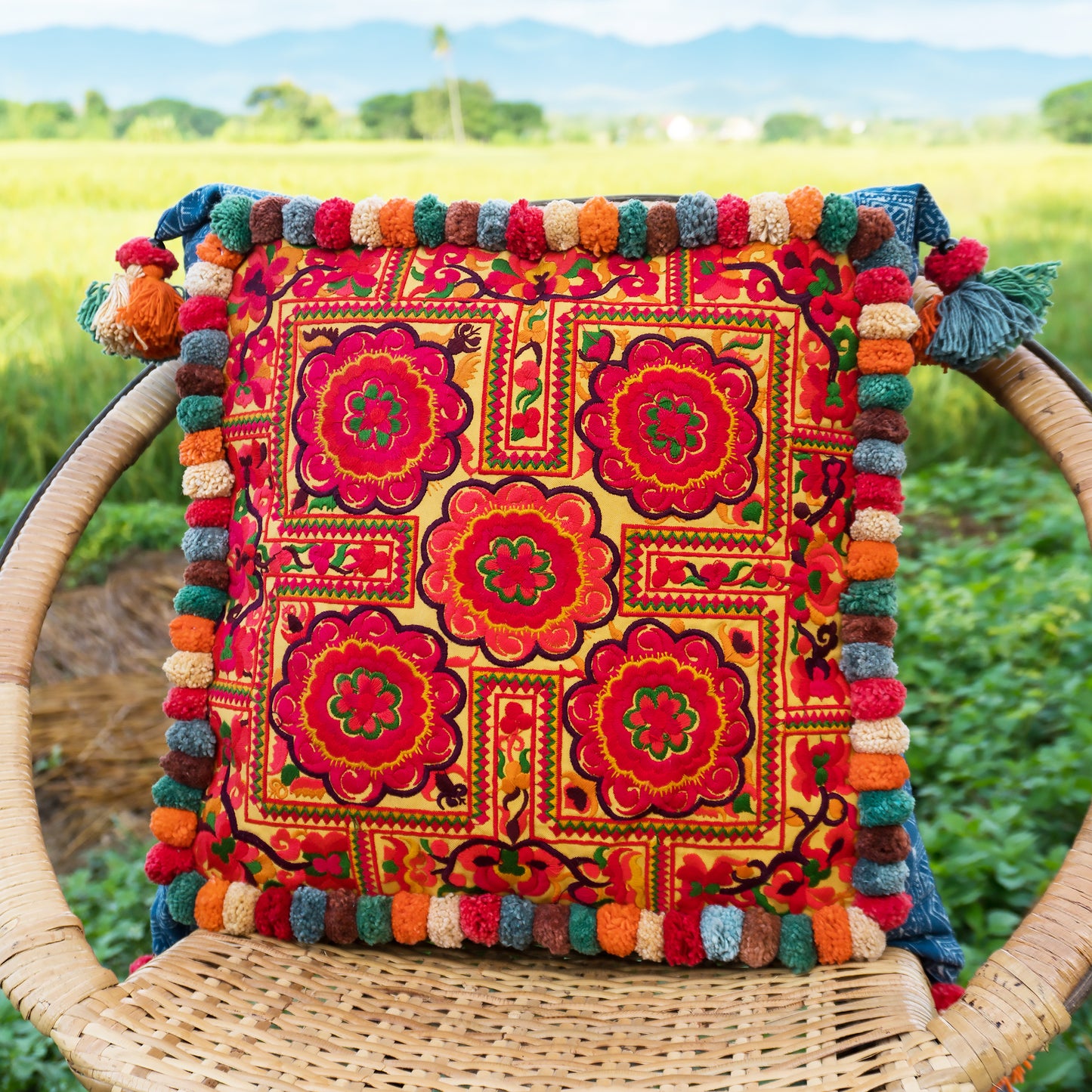 18x18 Pom Pom Pillow Case with Hmong Embroidery