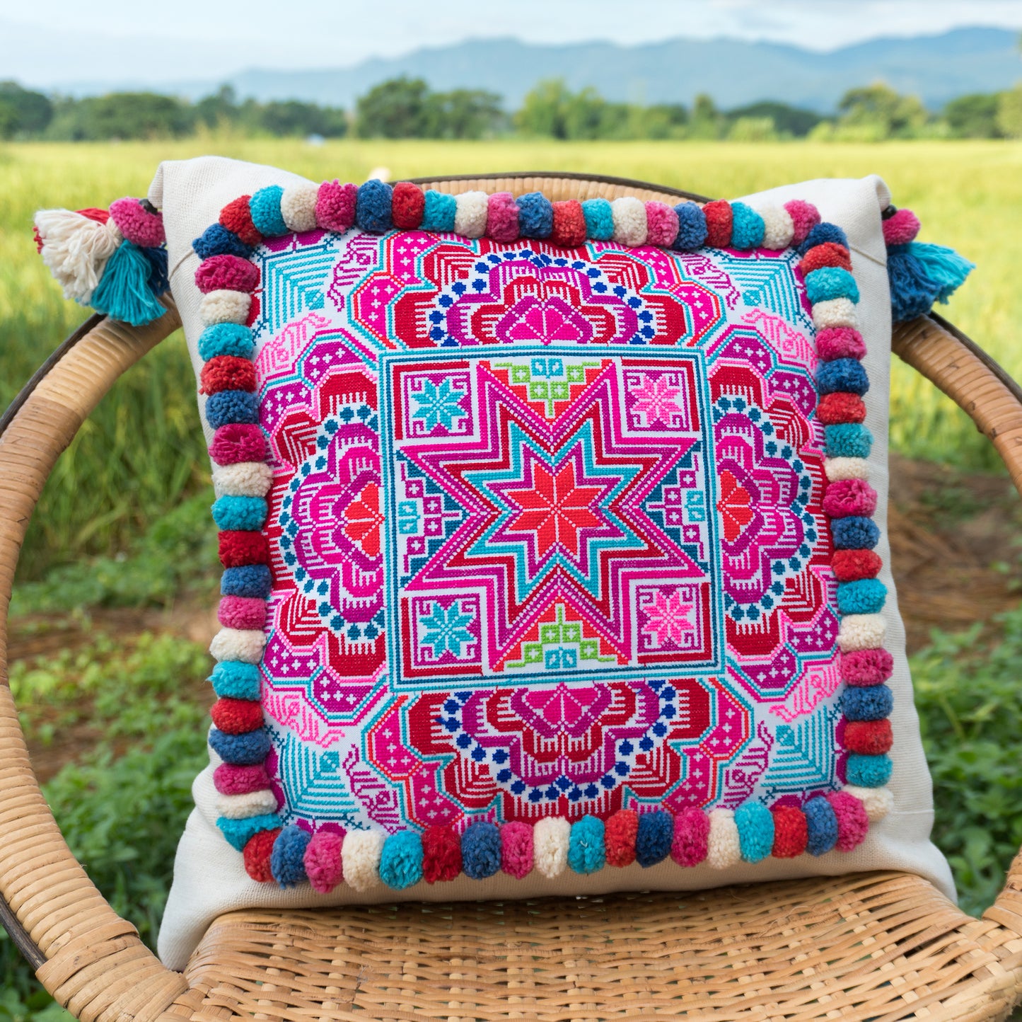 18x18 Hmong Embroidered Pillow Case with Colorful Pom Pom