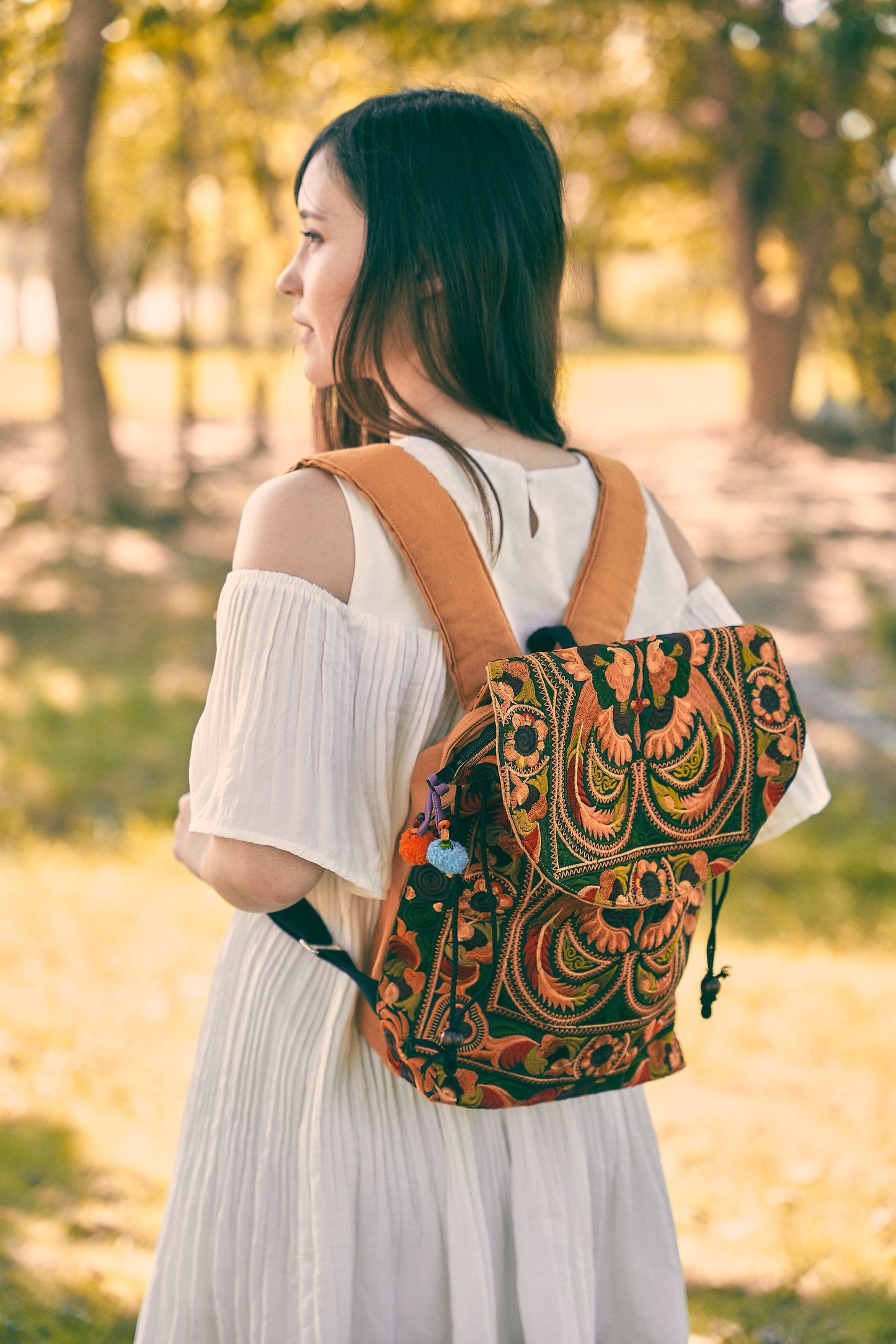 Drawstring Backpack with Hmong Tribe Embroidery for Beach