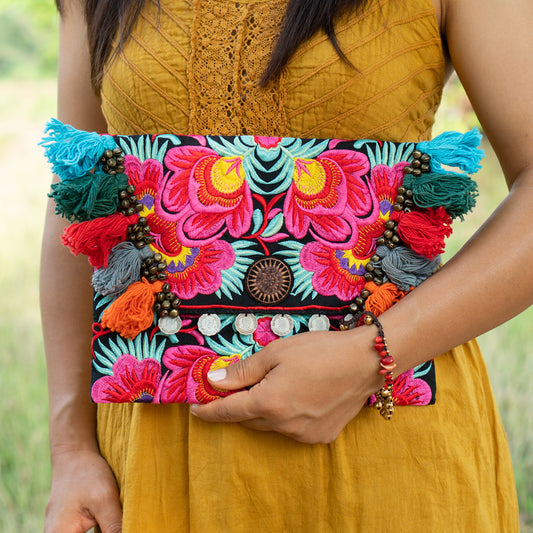 Hmong Embroidered Clutch Bag with Colorful Tassels