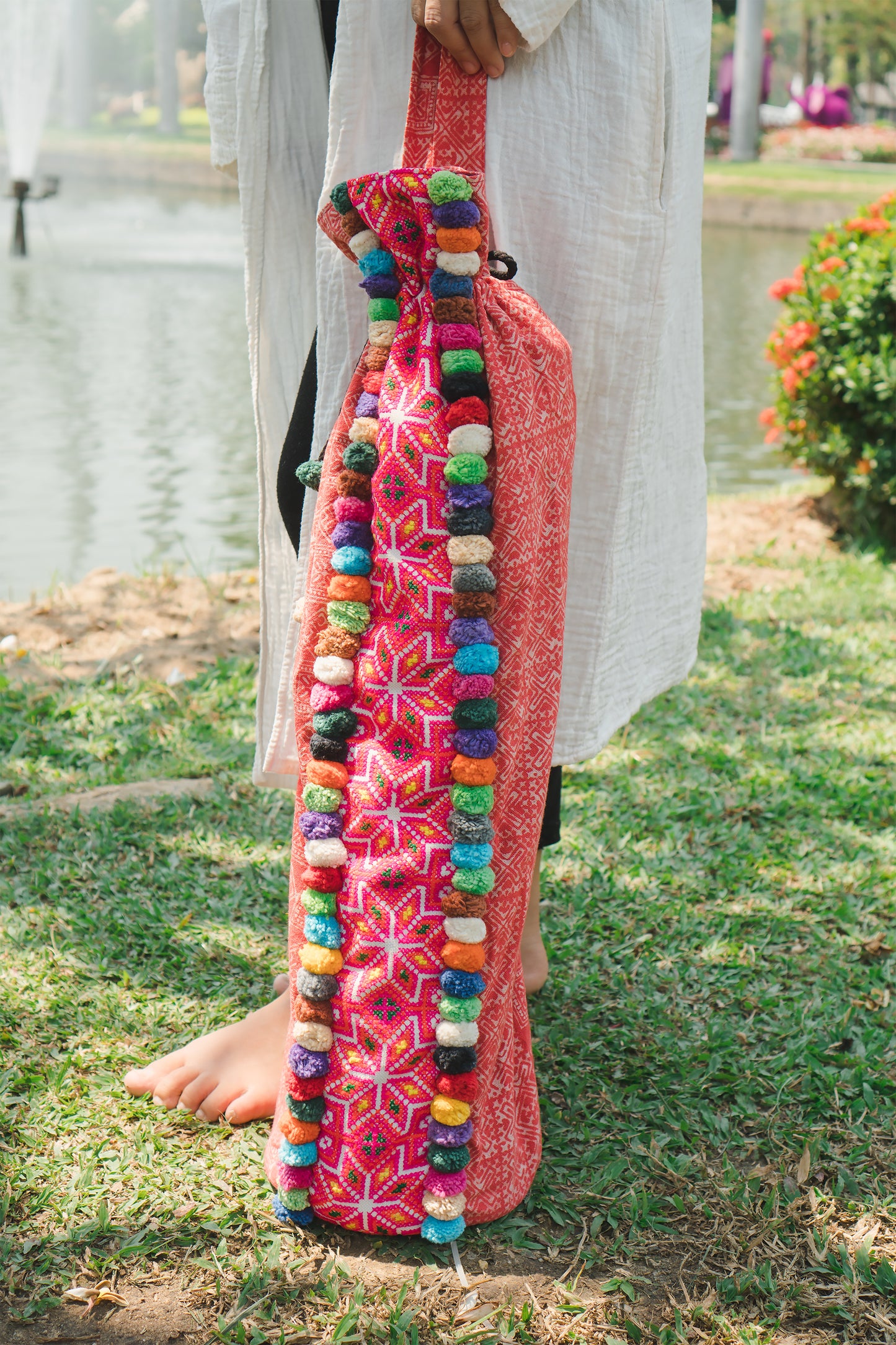 Batik Yoga Mat Bag with Colorful Pom Pom