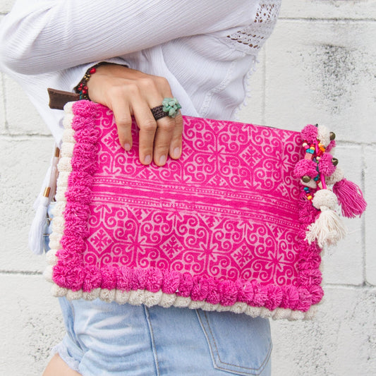 Pom Pom Clutch Bag with Batik Textiles