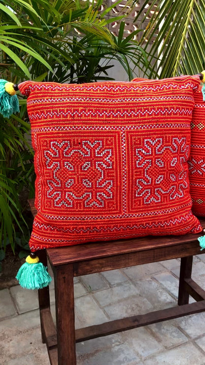 Handmade Cushion Cover with Tassels and Hmong Embroidery