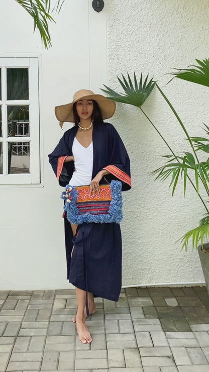 Oversized Long Kimono with Vintage Hmong Embroidery, Robe