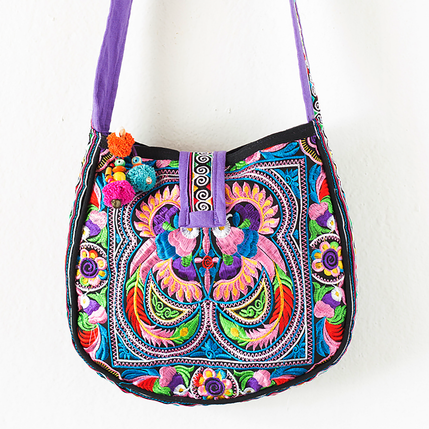 Hmong Embroidered Round Crossbody Bag for Women