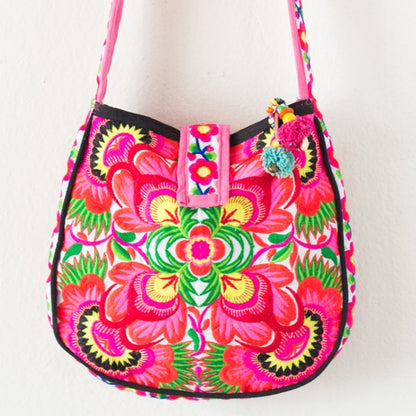 Hmong Embroidered Round Crossbody Bag for Women