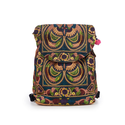 Drawstring Backpack with Hmong Tribe Embroidery for Beach