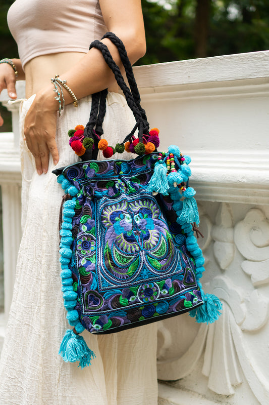 Hmong Embroidered Tote Bag with Pompoms