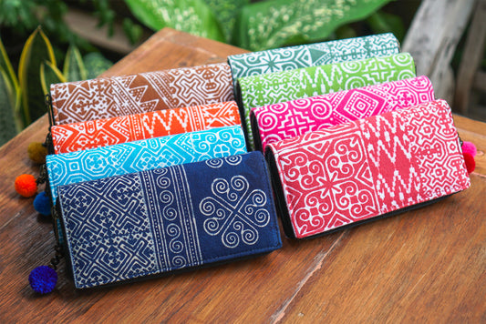 Hmong Batik Wallet for Women with Pom Pom