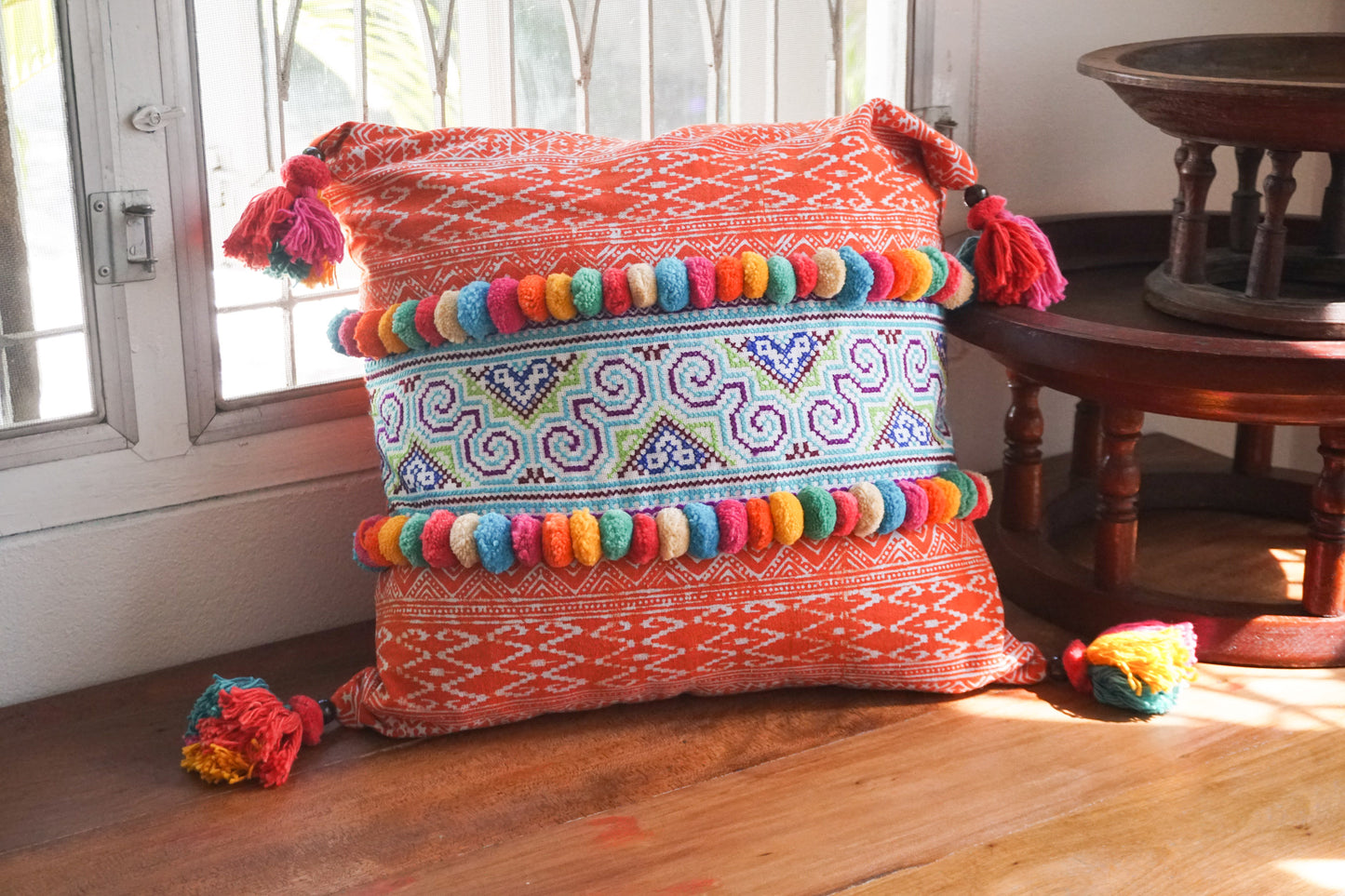 18x18 Vintage Hmong Tribe Embroidered Cushion Cover with Pom Poms