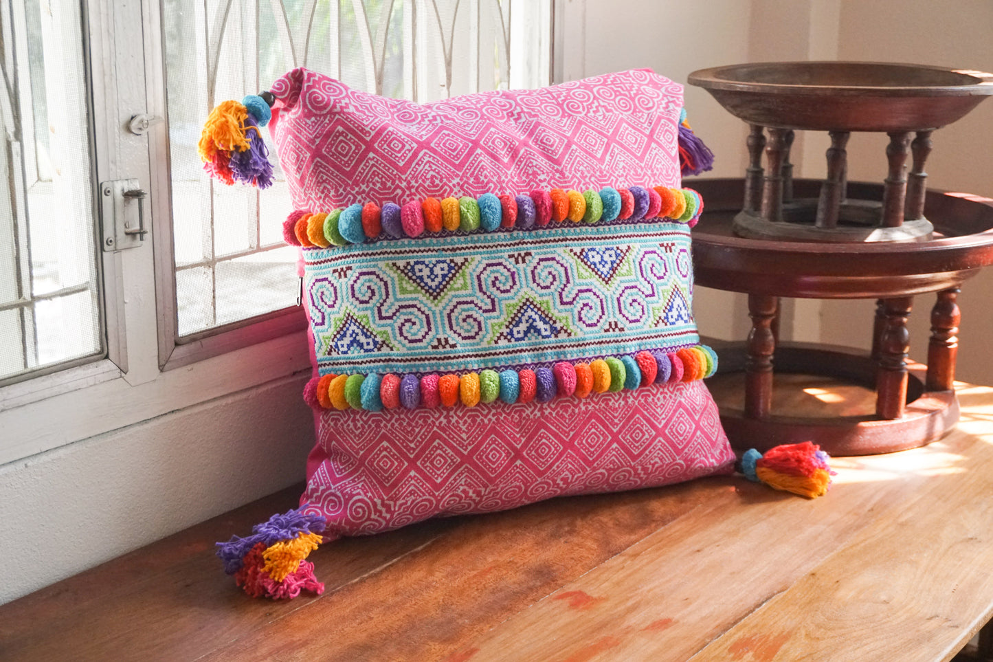 18x18 Vintage Hmong Tribe Embroidered Cushion Cover with Pom Poms