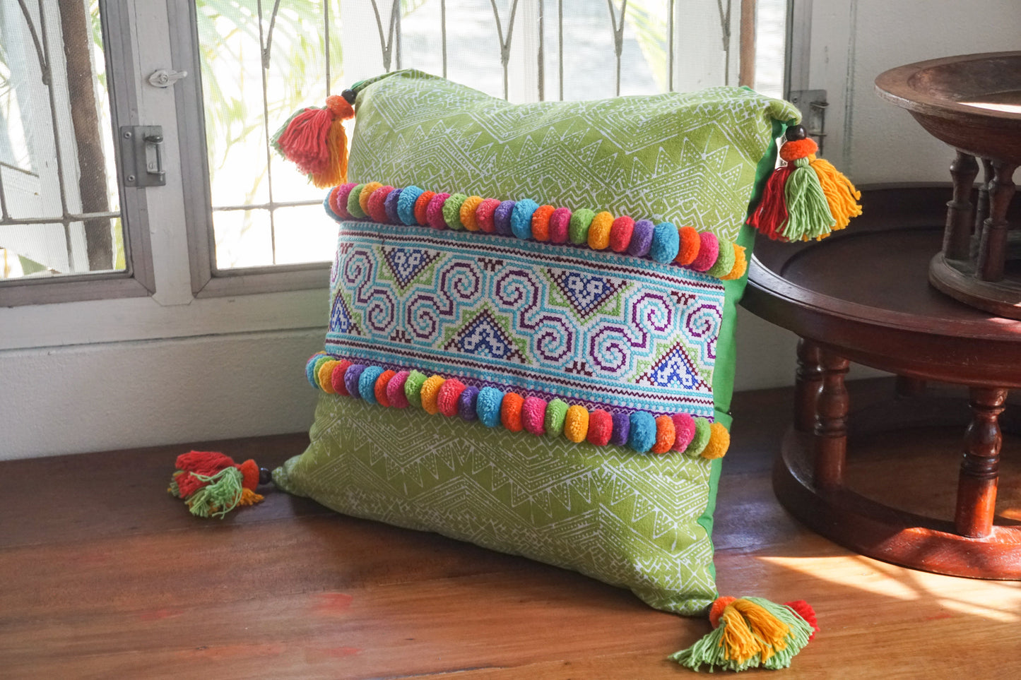 18x18 Vintage Hmong Tribe Embroidered Cushion Cover with Pom Poms