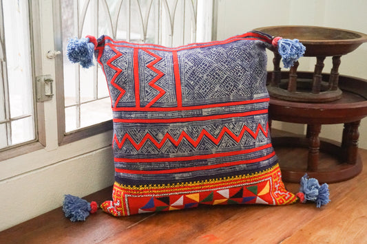 18x18 Vintage Hemp Fabric Hmong Cushion Cover with Tassels