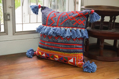 16x16 Vintage Hemp Fabric Hmong Cushion Cover with Tassels