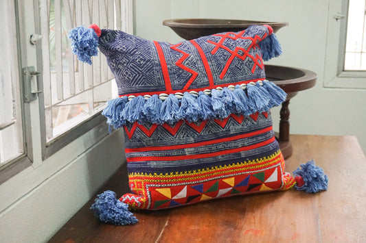 16x16 Vintage Hemp Fabric Hmong Cushion Cover with Tassels