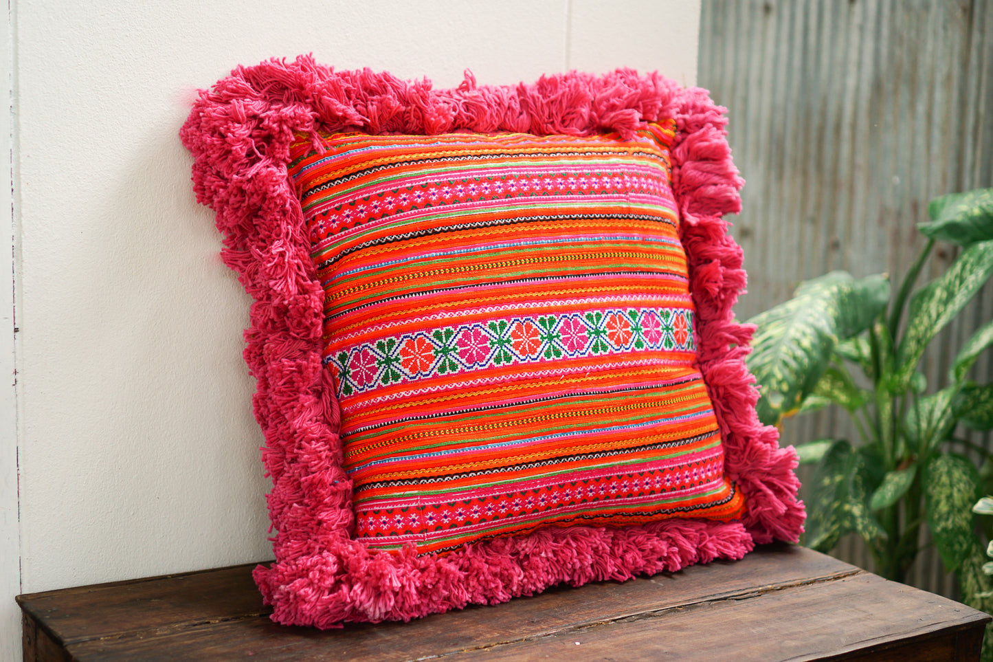 Hairy Pillow Cover with Antique Hmong Embroidery