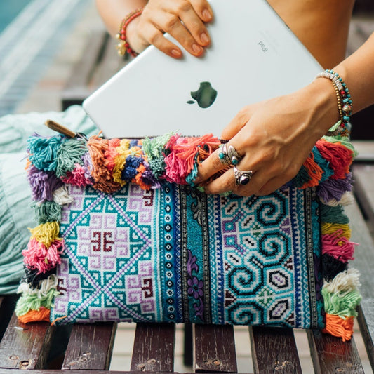 Colorful Tassels Clutch with Hmong Embroidery