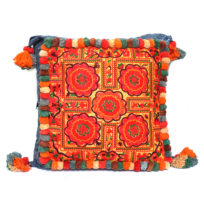 18x18 Pom Pom Pillow Case with Hmong Embroidery