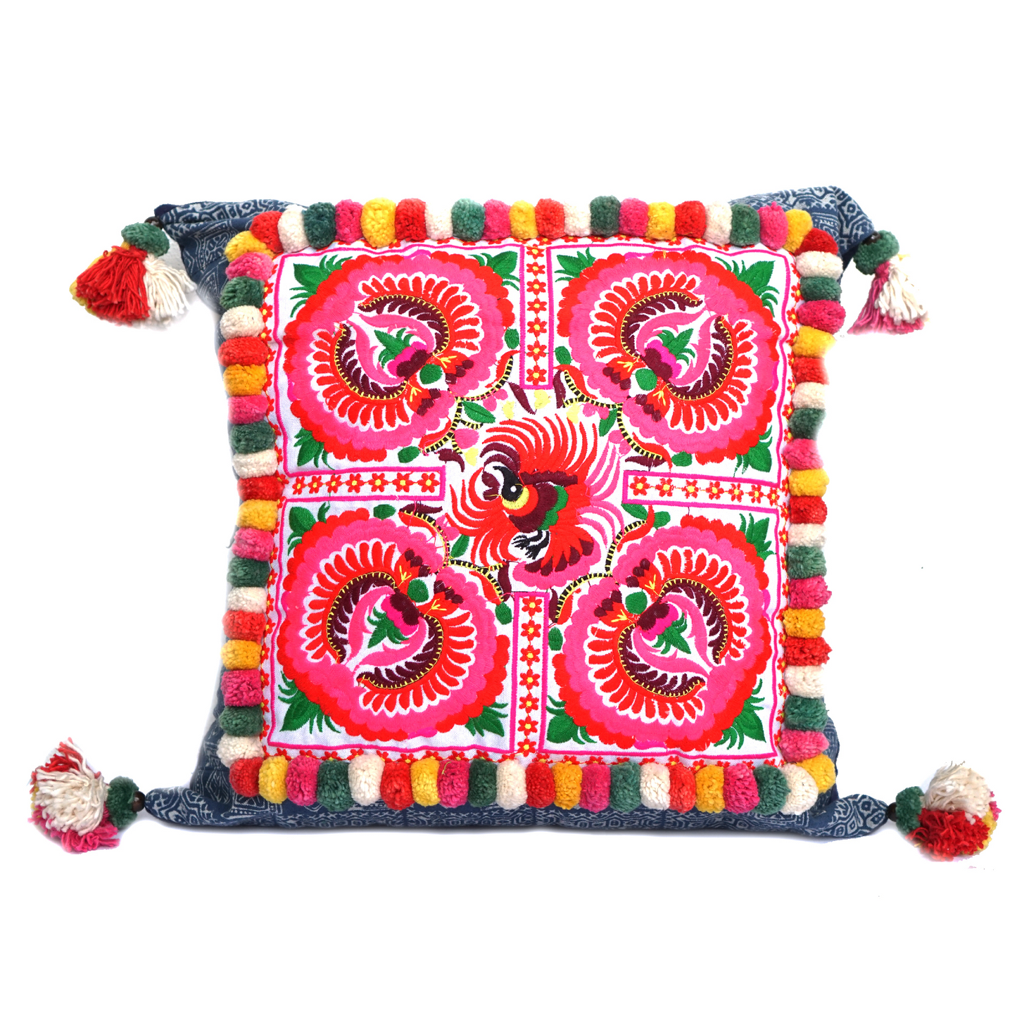 18x18 Pom Pom Pillow Case with Hmong Embroidery