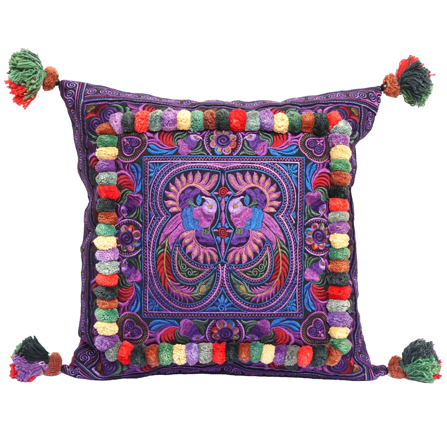 16x16 Pom Pom Pillow Case with Hmong Embroidery