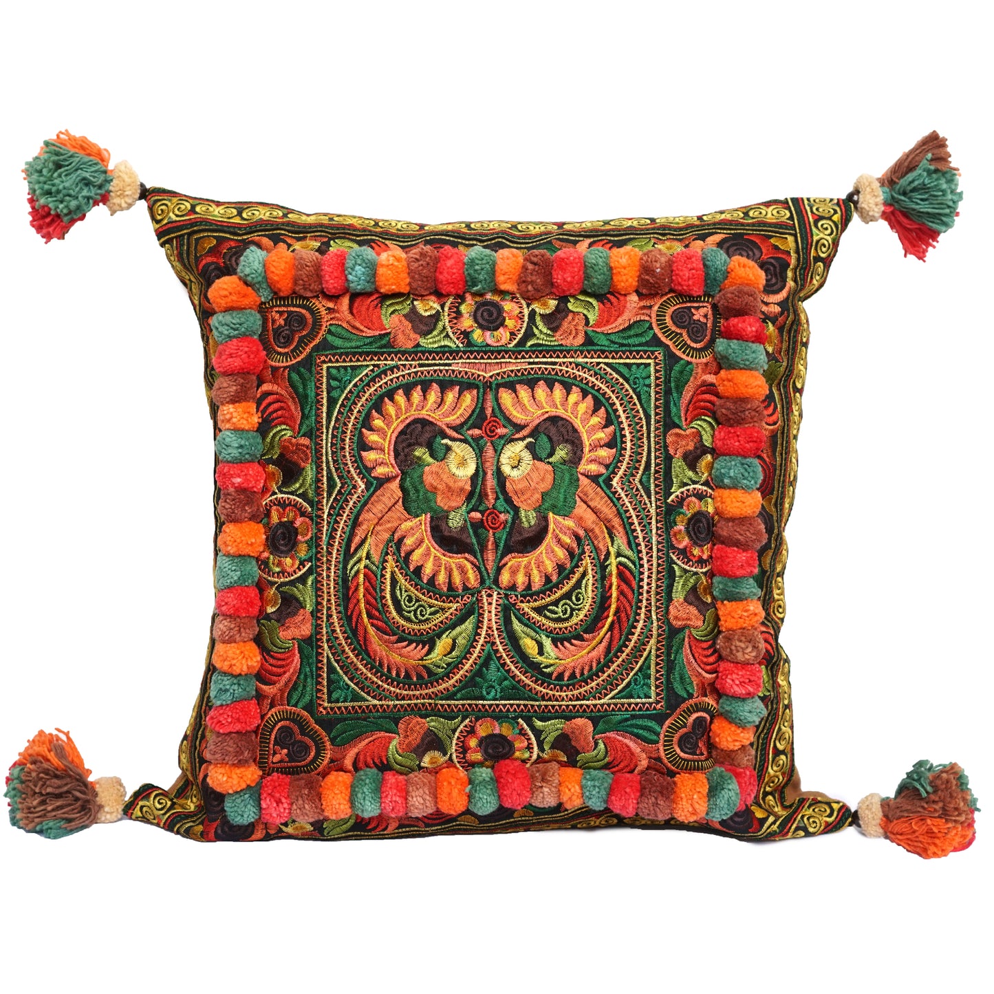 16x16 Pom Pom Pillow Case with Hmong Embroidery