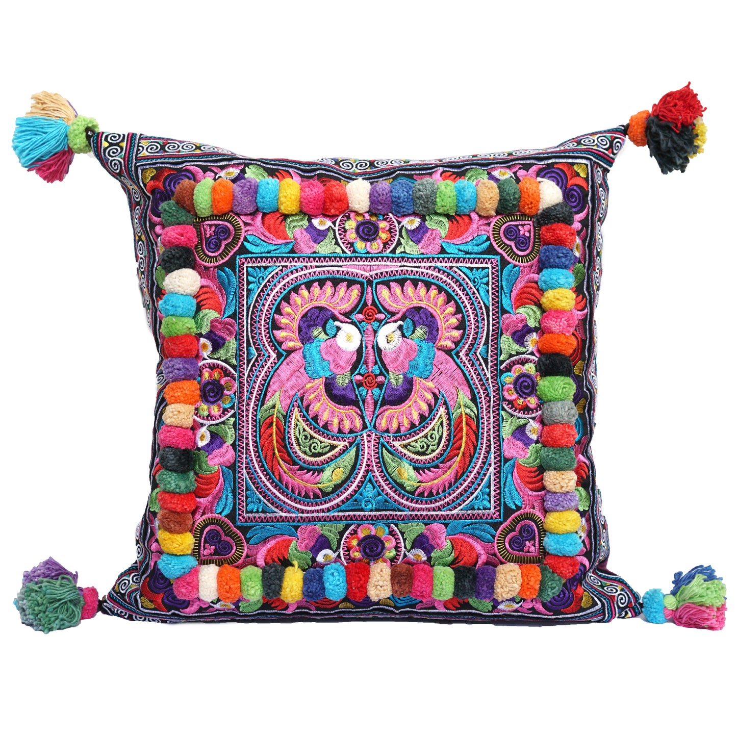 16x16 Pom Pom Pillow Case with Hmong Embroidery