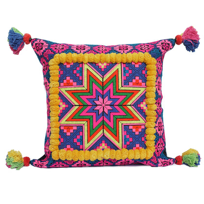 16x16 Pom Pom Pillow Case with Hmong Embroidery