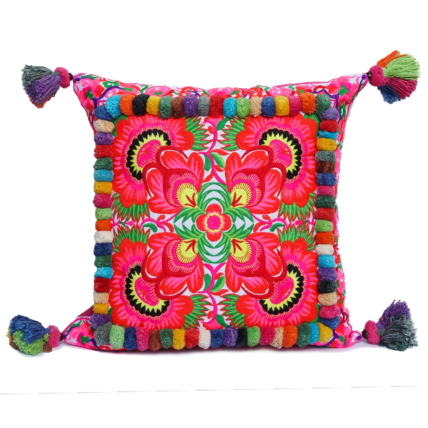 16x16 Pom Pom Pillow Case with Hmong Embroidery