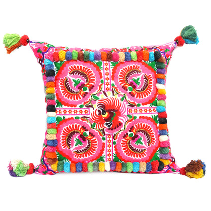 16x16 Pom Pom Pillow Case with Hmong Embroidery