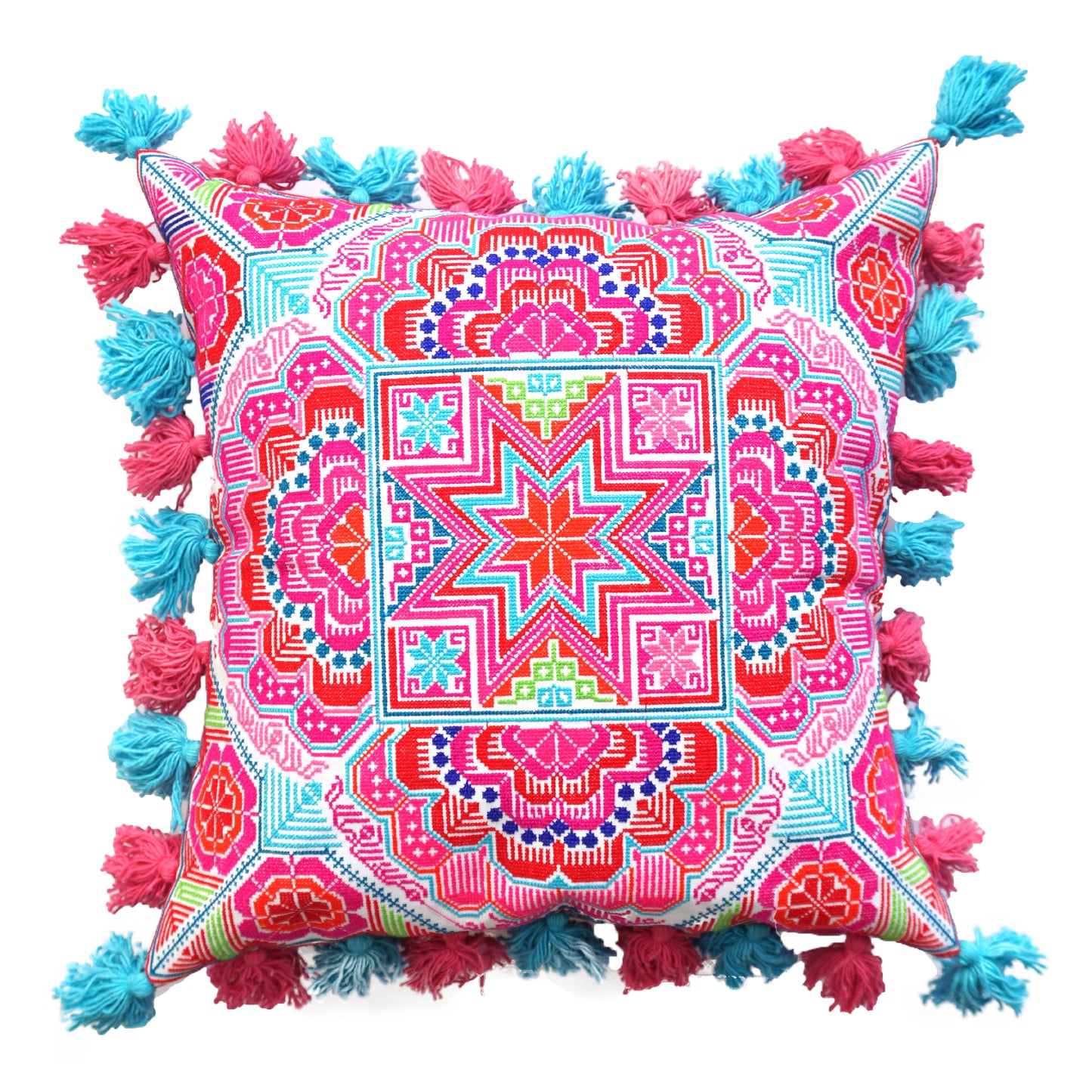 16x16 Hmong Embroidered Pillow Case with Colorful Tassels