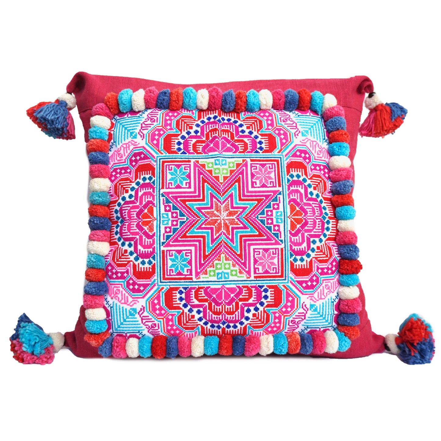 18x18 Hmong Embroidered Pillow Case with Colorful Pom Pom