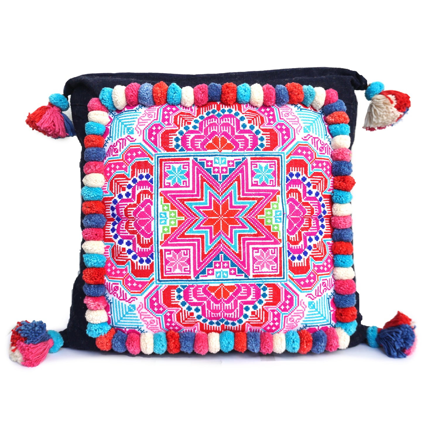 18x18 Hmong Embroidered Pillow Case with Colorful Pom Pom