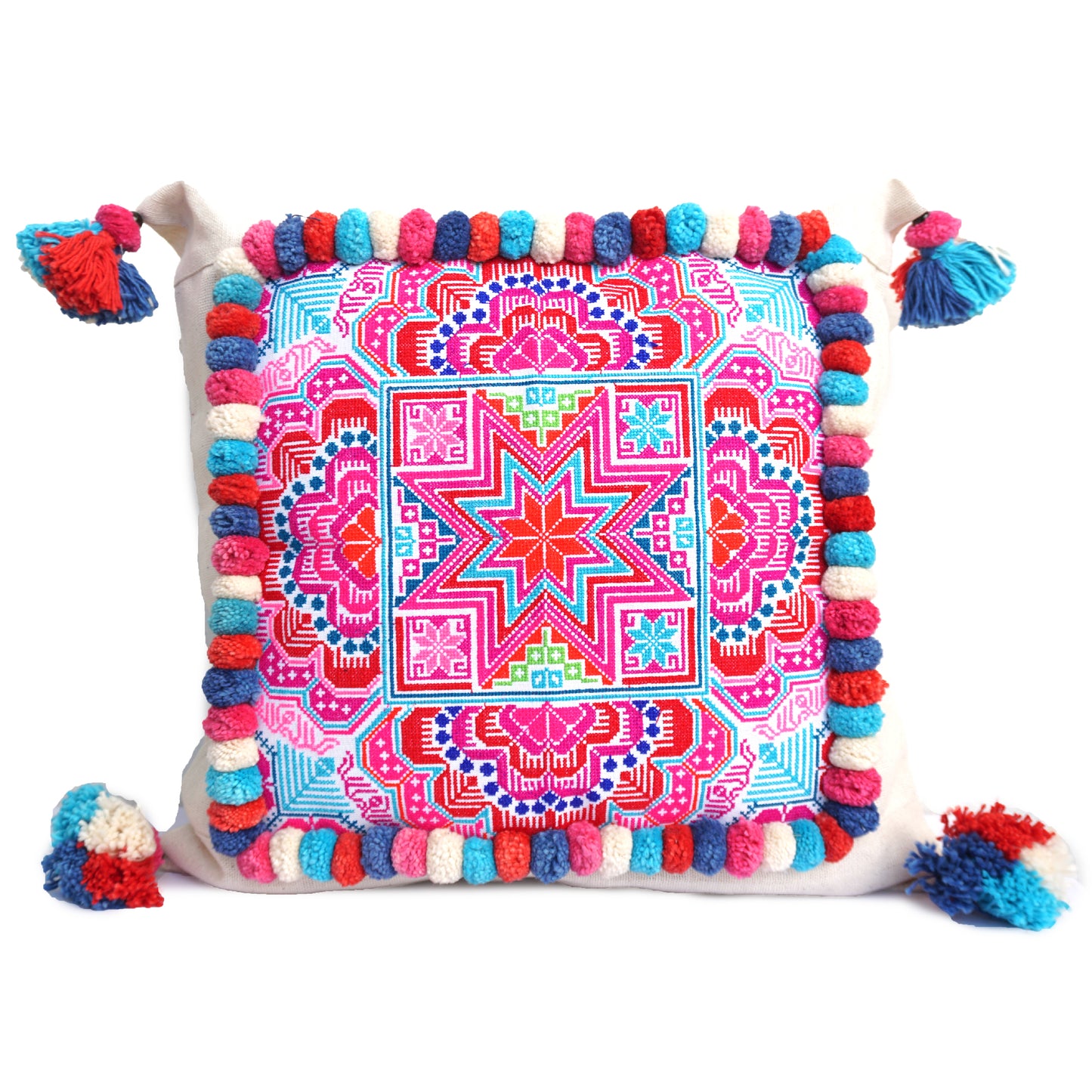 18x18 Hmong Embroidered Pillow Case with Colorful Pom Pom