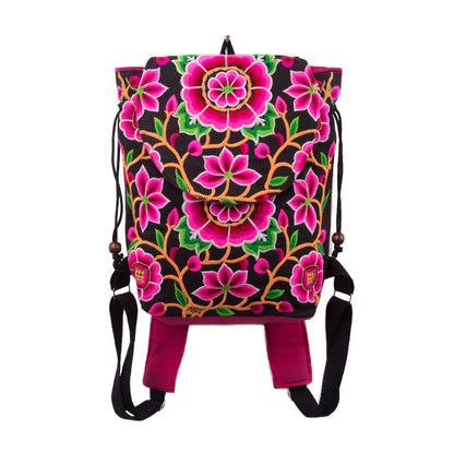 Drawstring Backpack with Hmong Tribe Embroidery for Beach