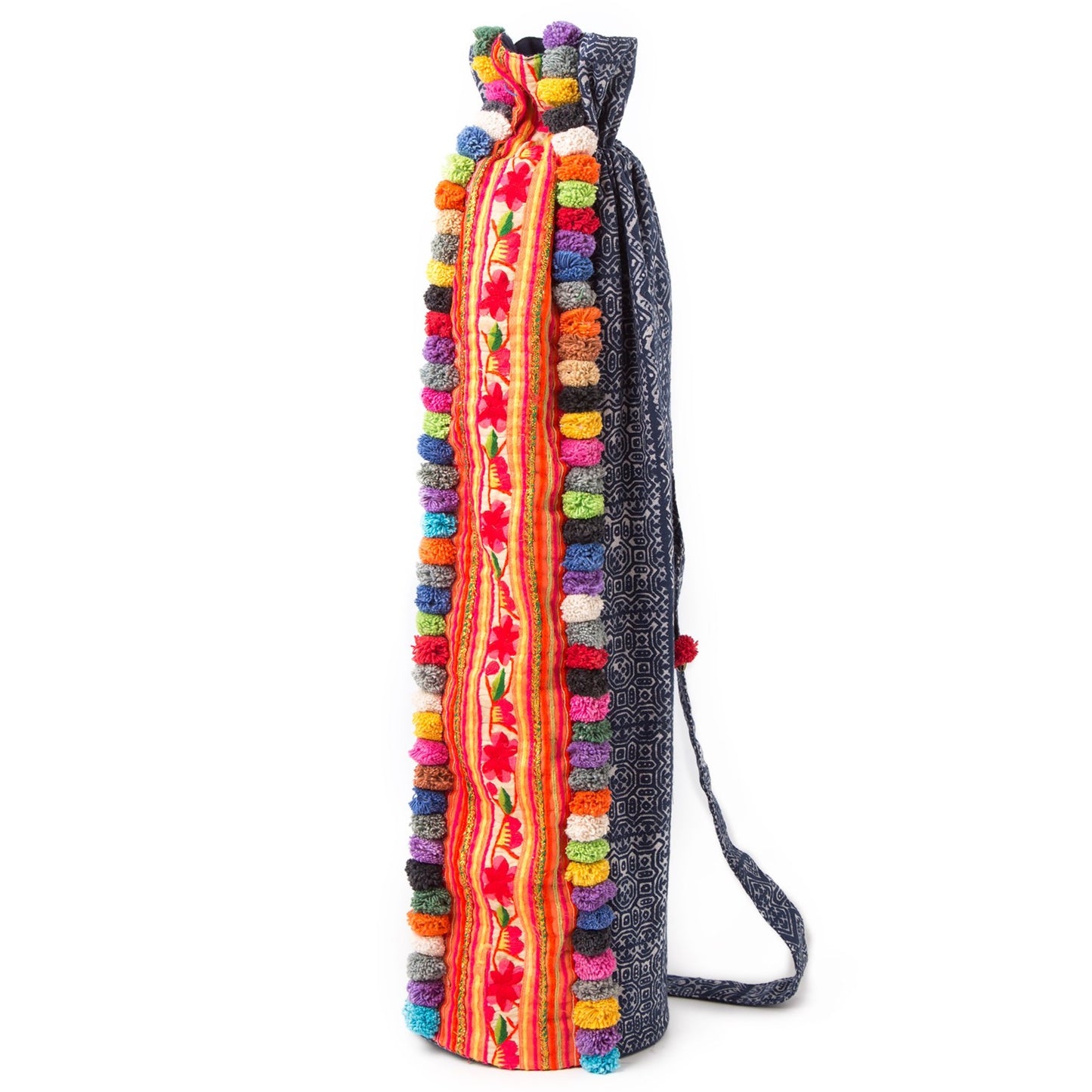 Batik Yoga Mat Bag with Colorful Pom Pom