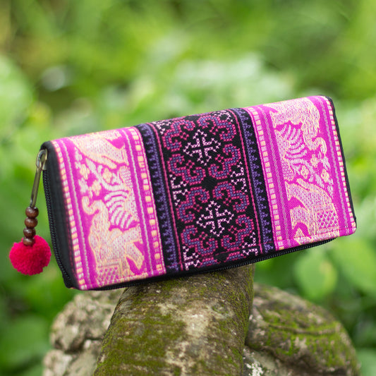 Elephant Embroidered Wallet with Pompom