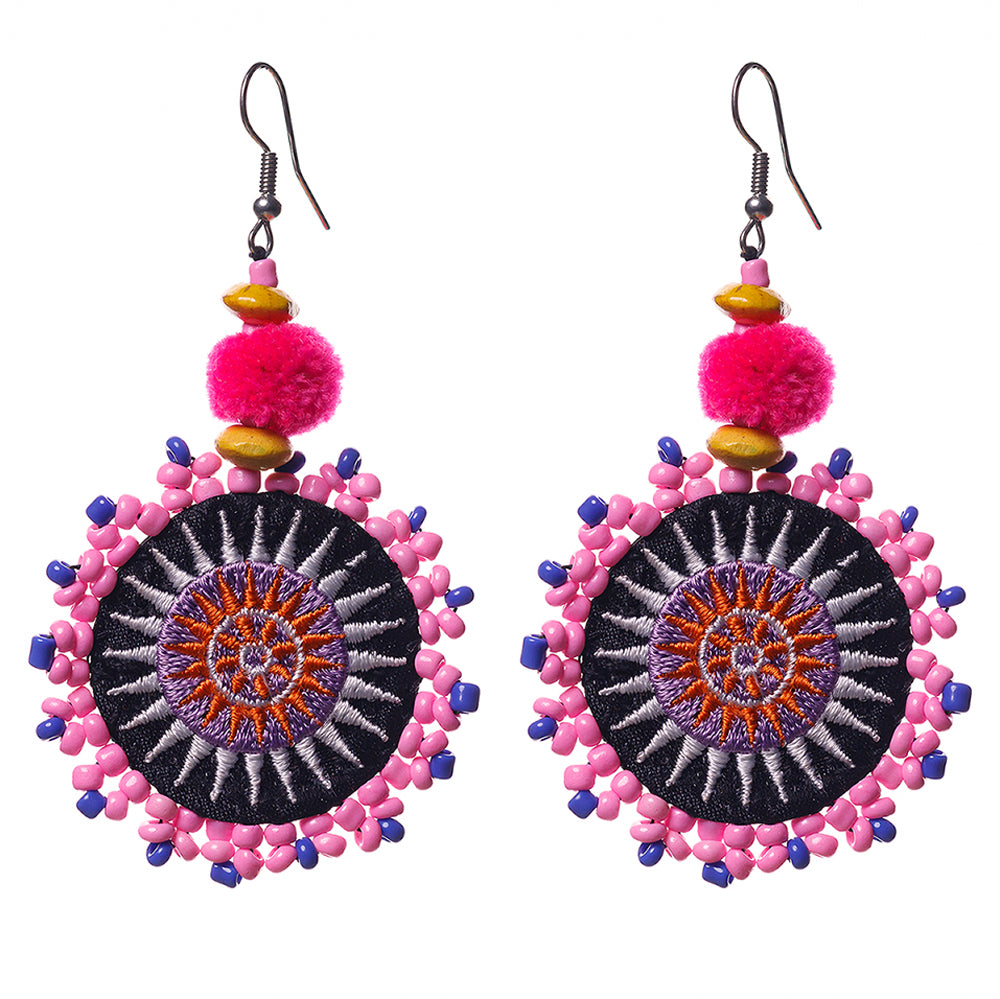 Hmong Embroidered Circle Earrings with Pompoms