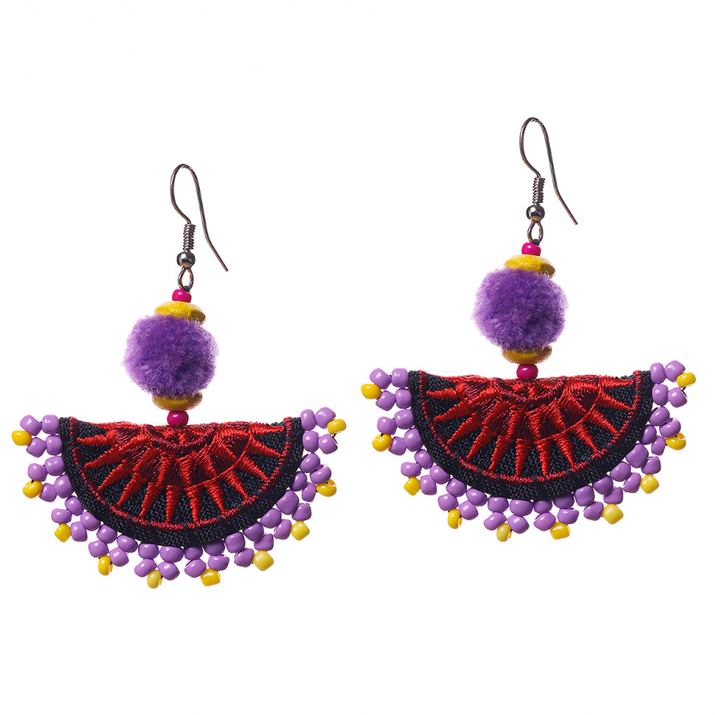 Hmong Embroidered Semi-Circle Earrings with Pompoms